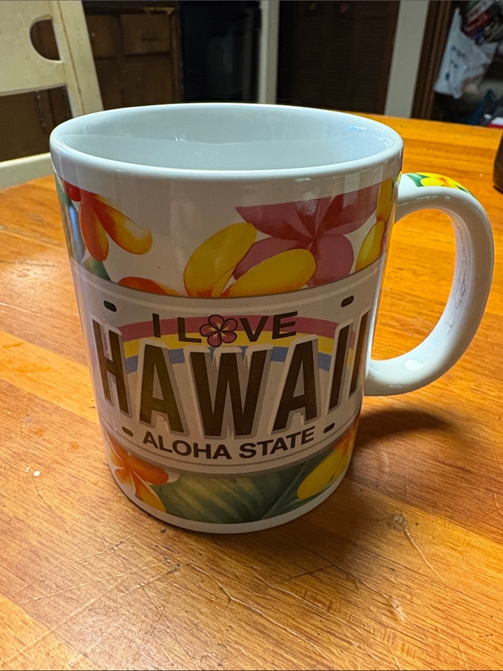 I Love Hawaii Floral Ceramic Coffee Mug - White with Yellow & Pink Accents